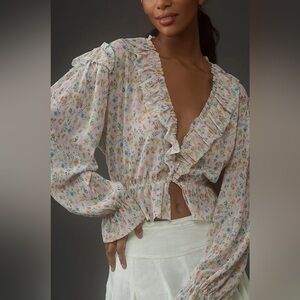 Anthropologie Floral Ruffle Blouse